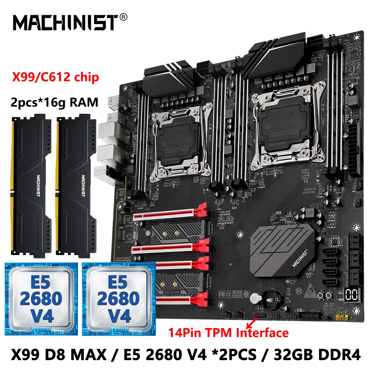 MACHINIST X99 D8 MAX Dual CPU Motherboard Optional Combo Xeon E5 2680 V4 LGA 2011-3 CPU *2 and DDR4 2*16GB RAM TPM2.0