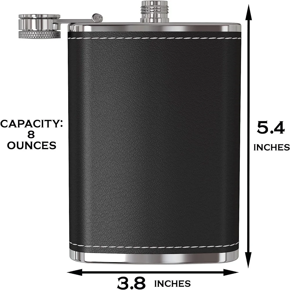 Stainless Steel Pocket Hip Flask with Black Leather Cover for Discrete Shot Drinking of Alcohol Whiskey Rum and Vodka Gifts