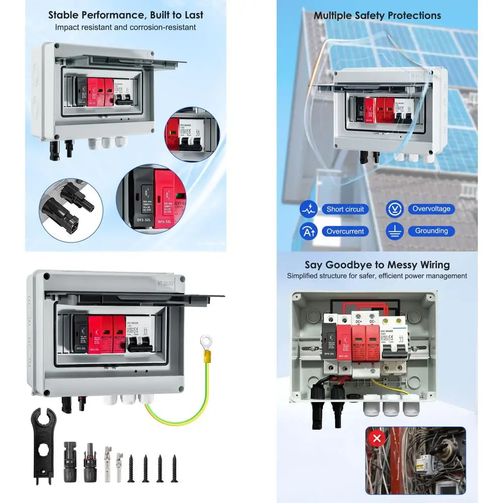 

Комбинировочный блок для солнечных панелей 600В DC с автоматическим выключателем 63А, водонепроницаемый IP65, 2x32А грозозащитные устройства, 1 вход/1 выход для сетевых систем (Grid-Ti)