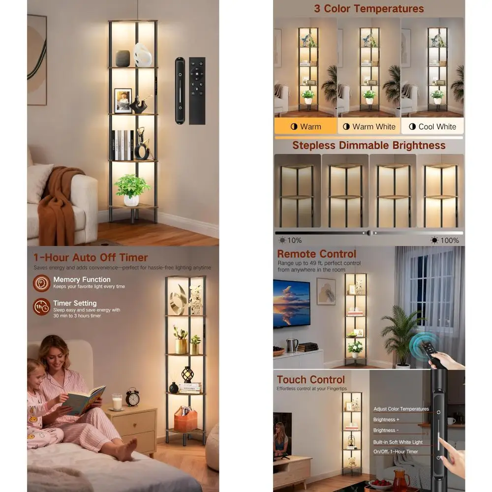 

Dimmable LED Lighted 5-Tier Corner Shelf with Touch and Remote Control, 3 Color Temperatures, 1-Hour Timer, Space-Saving Bookshe