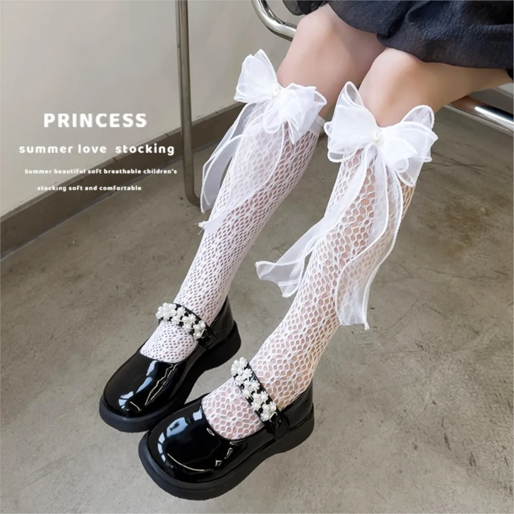 baby Summer thin lolita sock bowknot bud silk stockings girl long socks lace princess calf socks kids knee high stocking