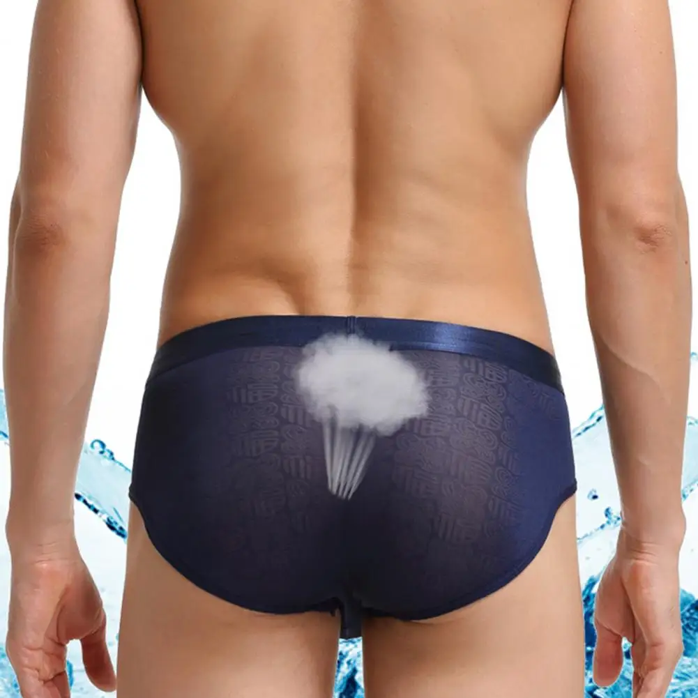 Breathable Ice Silk Men Briefs Mid Waist Mesh Jacquard Stretchy Underwear Underpants Male See Through Panties