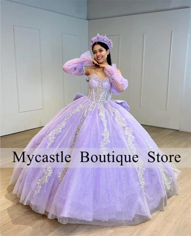 Elegant Light Purple Tulle Beaded Crystal Quinceanera Dress 2024 Long Sleeve Lace Appliques Sweet 16 Dress Birthday Party Dress