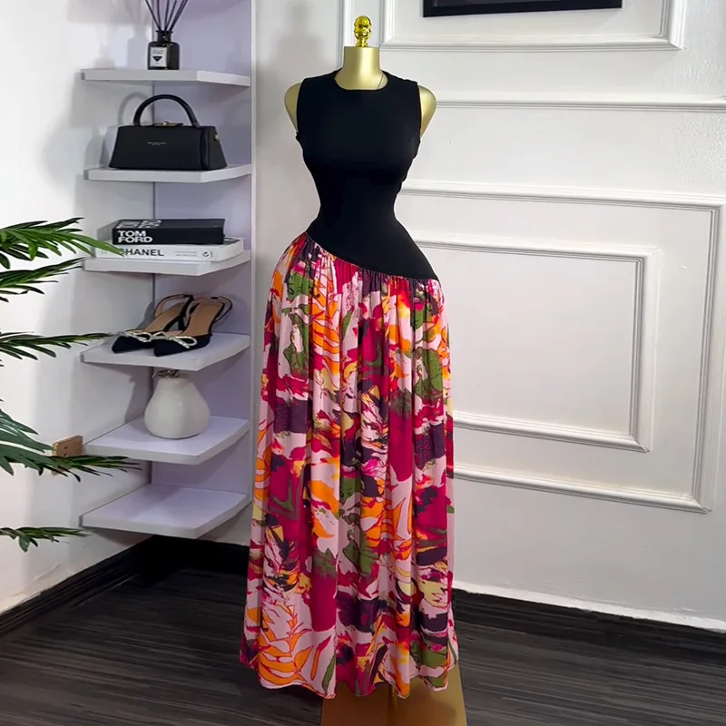 

Women's Fashion 2025 Summer New Sweet Fresh Printed Round Neck Sleeveless High Waist Slimming A-line Dress Long Dress Women