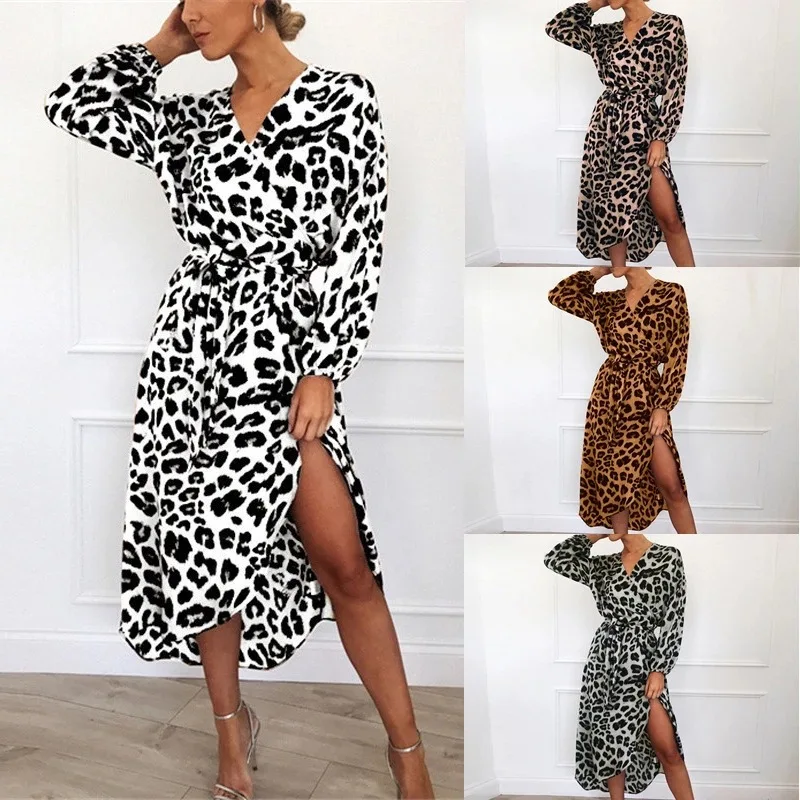 Leopard Print V-ne High Waist Lace Irregular Dr Street Sle Long Sve Women's Faion Autumn Wear Polyester Material