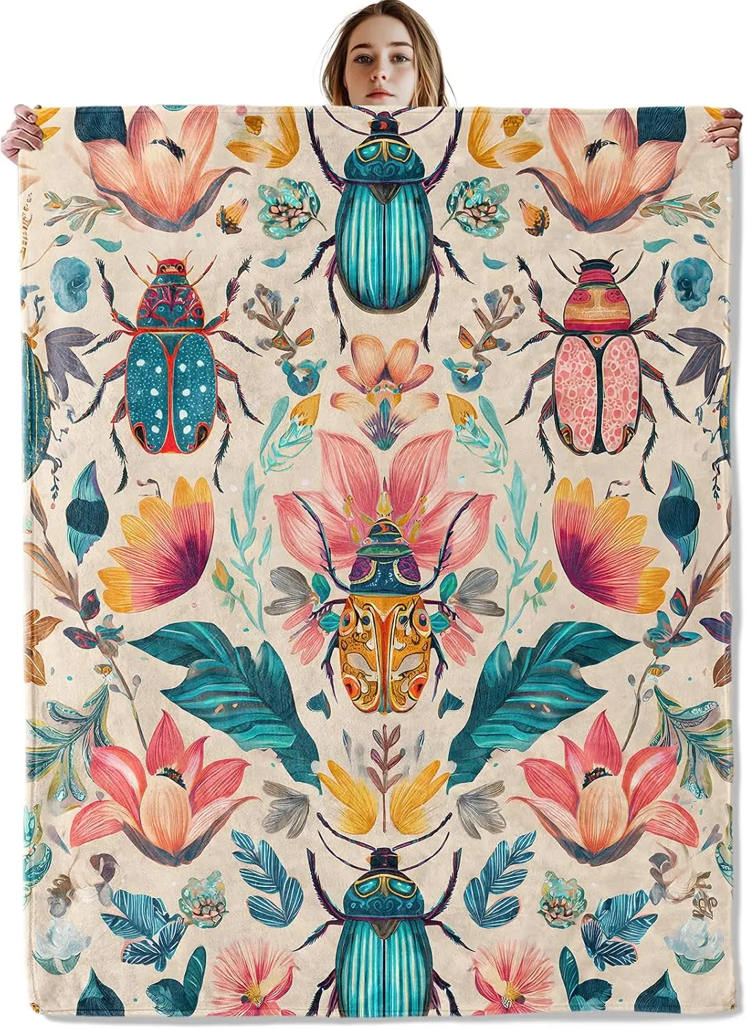 Vintage Colorful Scarab Beetle Floral Leaves Print Soft Flannel Blanket Bohemian Art Throw for Sofa Bedroom Home Decoration