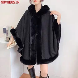 6 Color 2022 Women Outstreet Loose Capes Granular Velvet Big Faux Rabbit Fur Cloak Winter Thick Long Poncho Shawl Coat With Hat