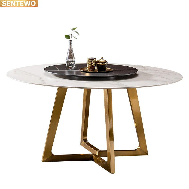 Designer Luxury round Marble Rock Slab dining table set 8 chairs mesa esstisch furniture meuble marbre Stainless steel gold base