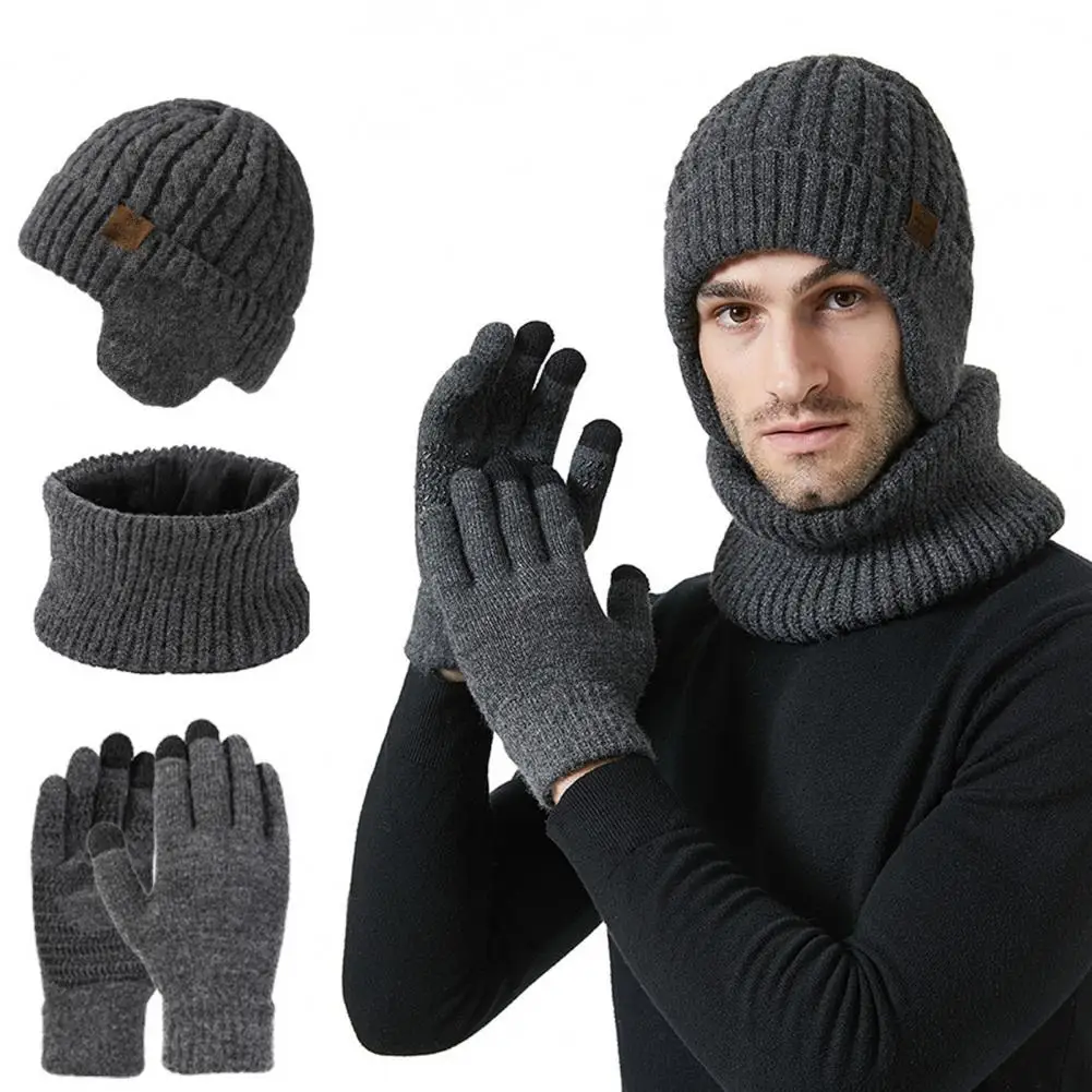 Fleece Lined Beanie Scarf Gloves Set Unisex Winter Accessories 3pcs Winter Fleece Lining Hat Scarf Gloves Set for Men Women