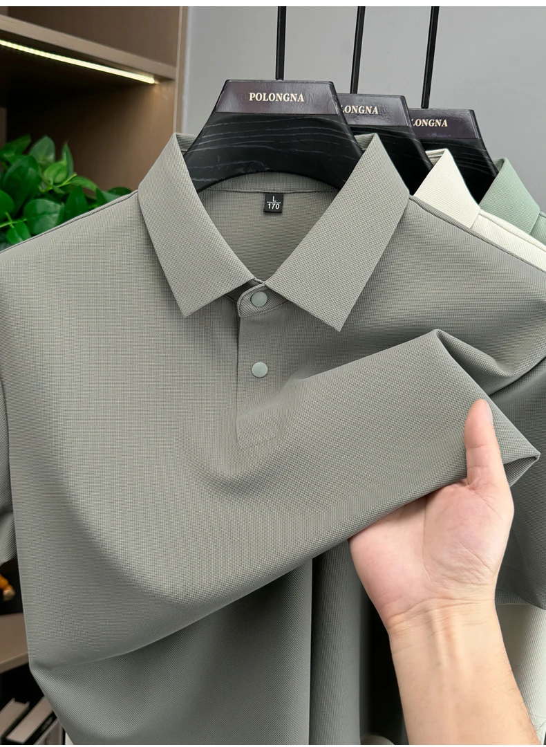 Modisches, einfarbiges Kurzarm-Poloshirt aus luxuriöser atmungsaktiver Eisseide für Herren Sommer Business Casual, bequem, vielseitig, T-Shirt – Detail 19