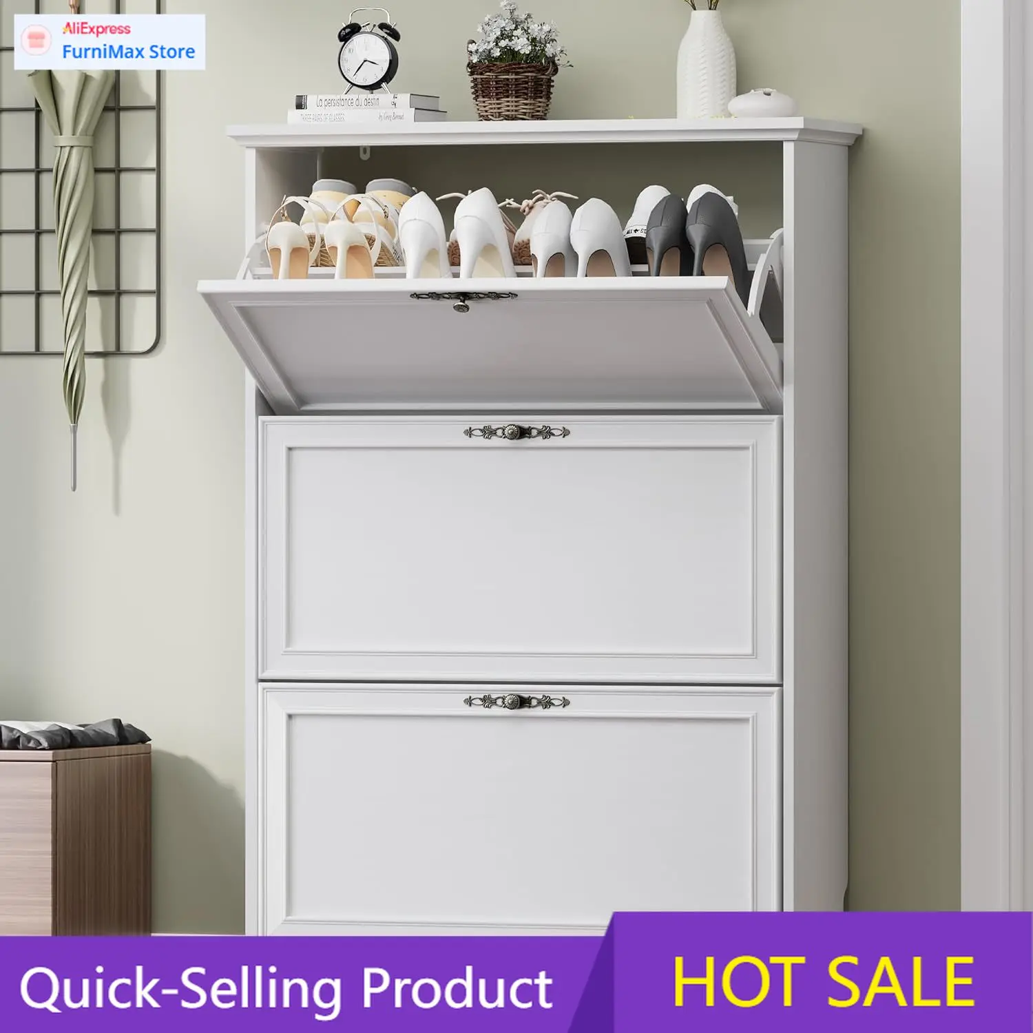 

Limited-time promotion3 Flips Shoe Cabinet for Entryway, Narrow Shoe Storage Cabinet with Adjustable Shelves, Wooden Space-Savin