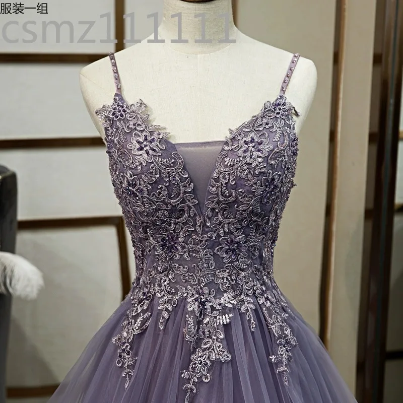 High-end banquet evening dress dress female purple suspender high-end vocal art test Sen series color yarn fairy yarn skirt host