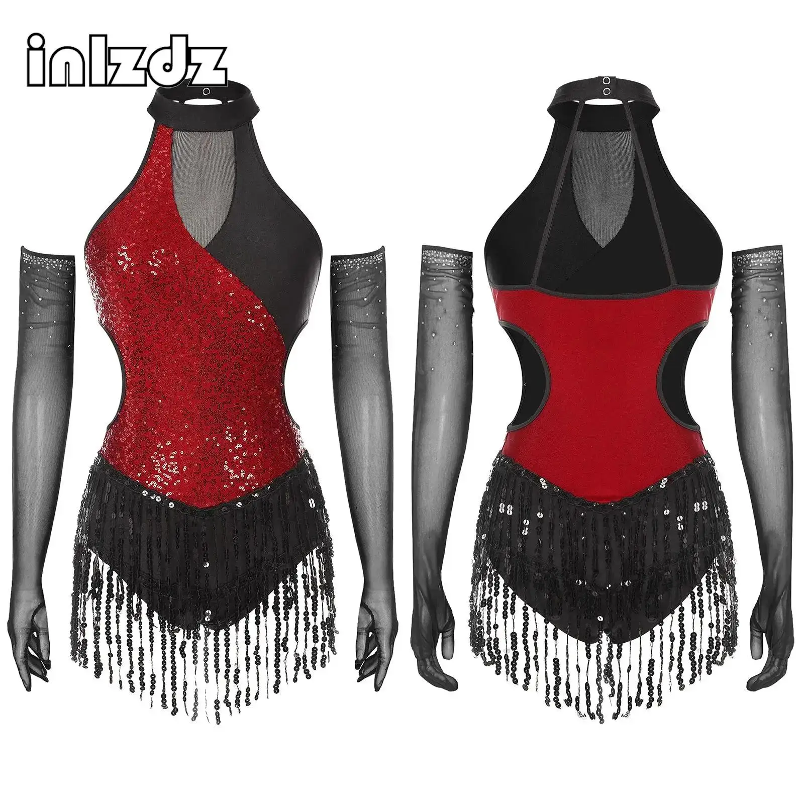

Womens Latin Figure Skating Jumpsuit Set Sleeveless Sequined Tassel Leotard Bodysuit With Mesh Gloves Dancing Competitions Wear