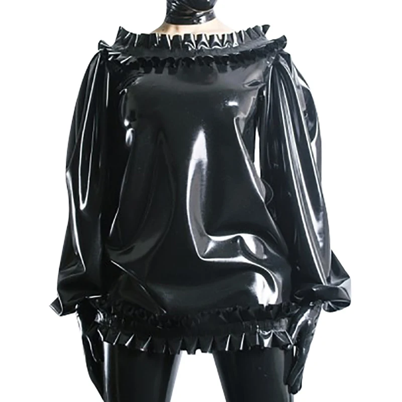 

Black Sexy Latex Peasant Gypsy Blouse Rubber Pajamas Ruffles Nightgowns Sleep Shirts Nightgown Top Loungewear 311