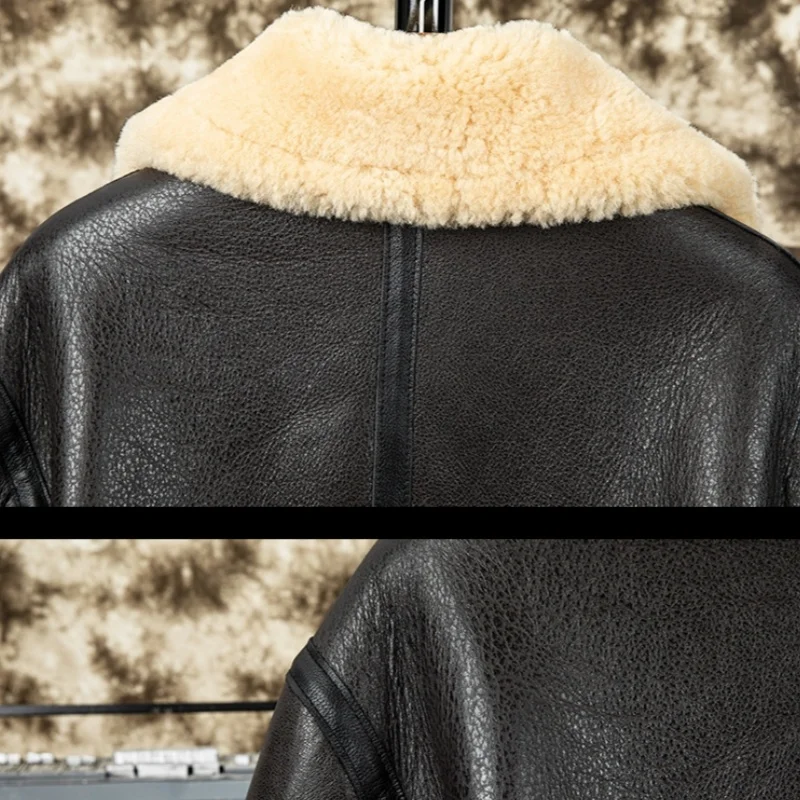 Dark Brown Winter Shearling Jacket Men Military Style Plus Size 5XL Natural Thick Sheepskin Warm B3 Bomber Genuine Leather Coat