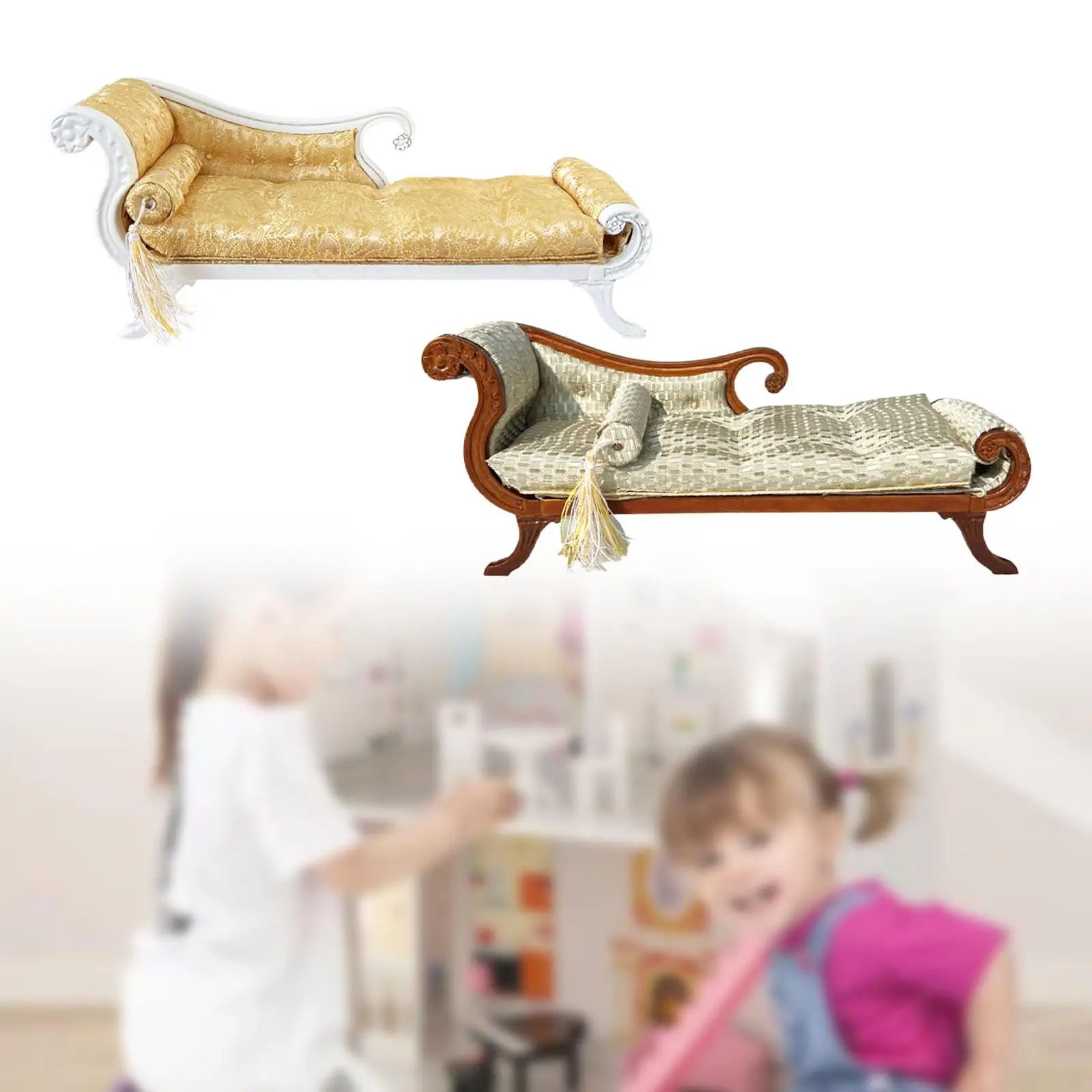 Sofá em miniatura, móveis decorativos para quarto, acessórios diy, sofá-cama de madeira para casa de boneca em miniatura 1:12, dramatização