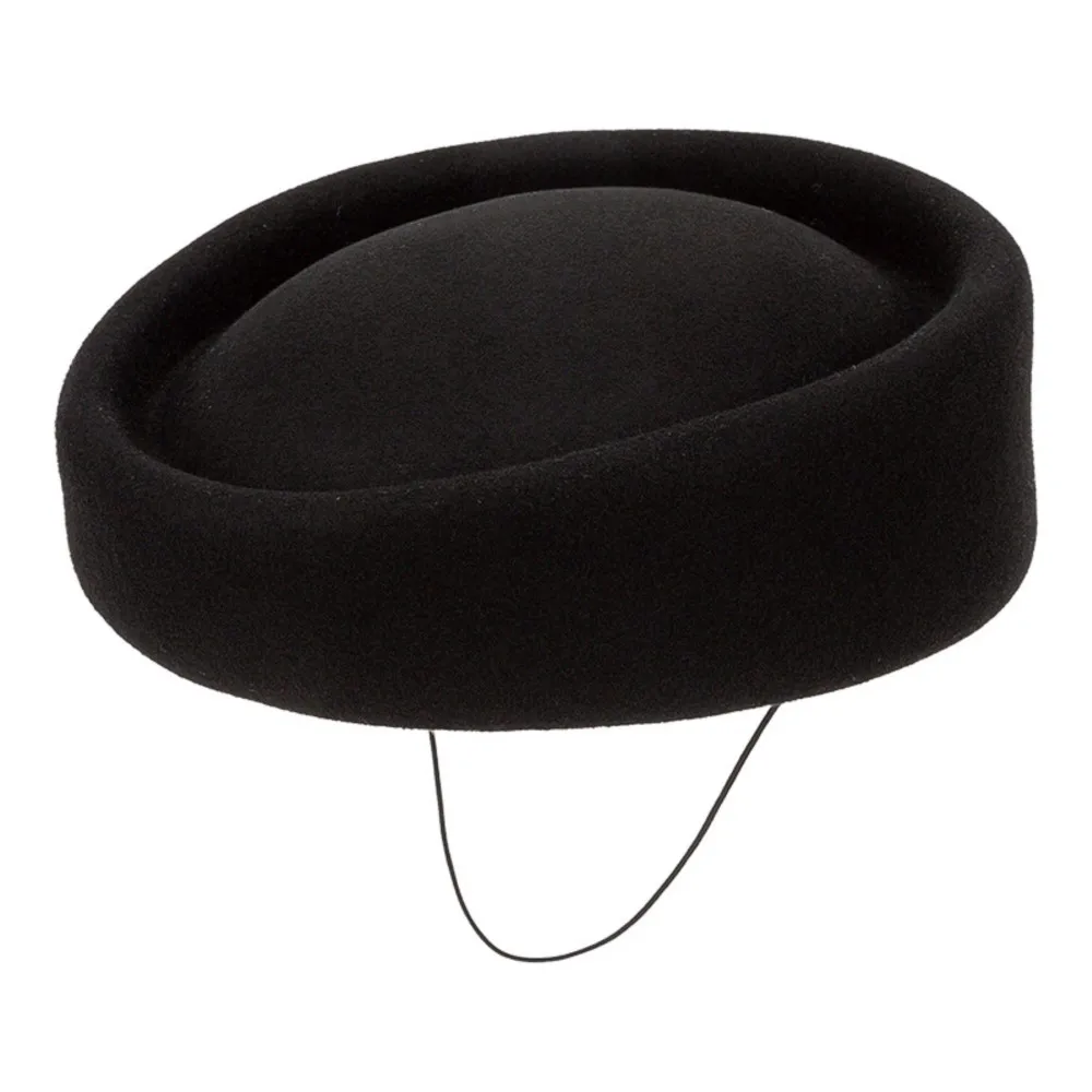 Adults Vintage 100% Wool Pillbox Cap Ladies Solid Color Elegant Molded Felt Chin Strap Formal Occasion Headwear Fashion Outdoor