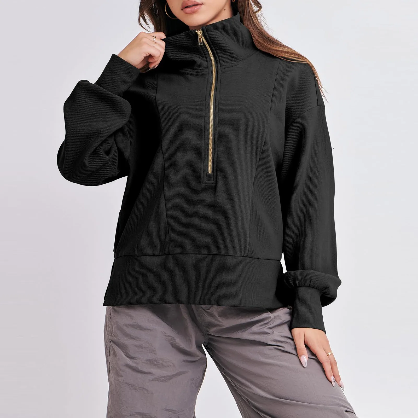 Sweats à capuche zippés pour femmes, pull sans capuche, sweat-shirt respirant, col rond, demi-fermeture éclair, extérieur, document solide, chaud et doux