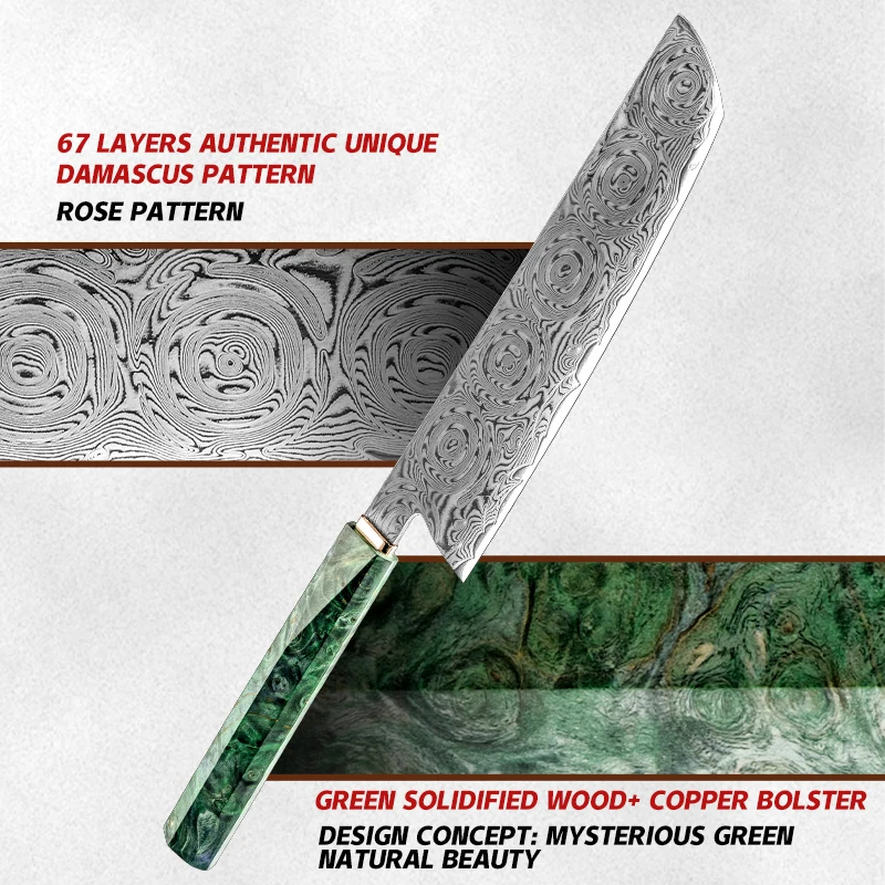 Grandsharp 7''Nakiri Knife Damascus Steel with Green Solidified Wood + Copper Bolster Handle Kitchen Knives Cleaver Knife