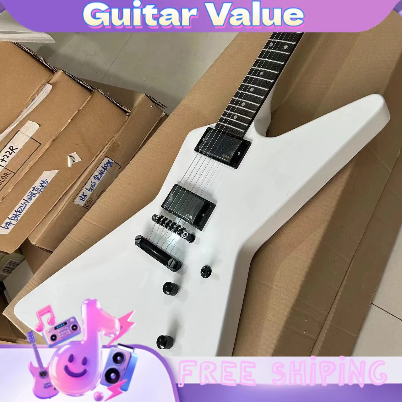 White Shaped Electric Guitar Alien-Shaped Rock Guitar Mahogany Body Maple Fingerboard HH Pickups 22 Tone Dot Fingerboard Inlays