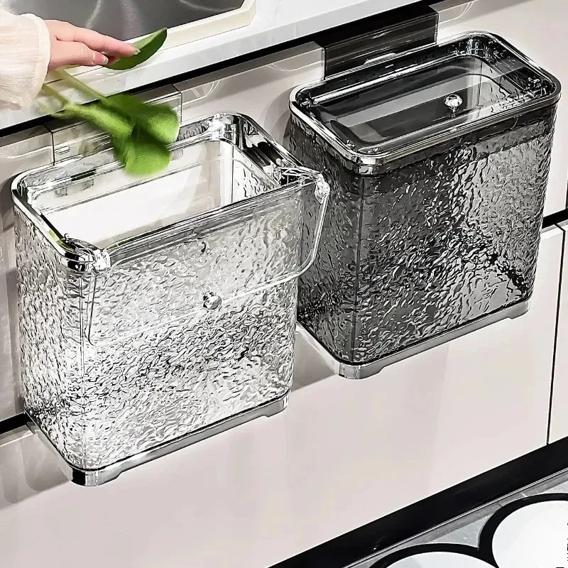 Wall-Mounted PET Kitchen Trash Bin, Waterproof Lidded Waste Basket, No-Bend Garbage Container, Large Capacity Paper Waste Can