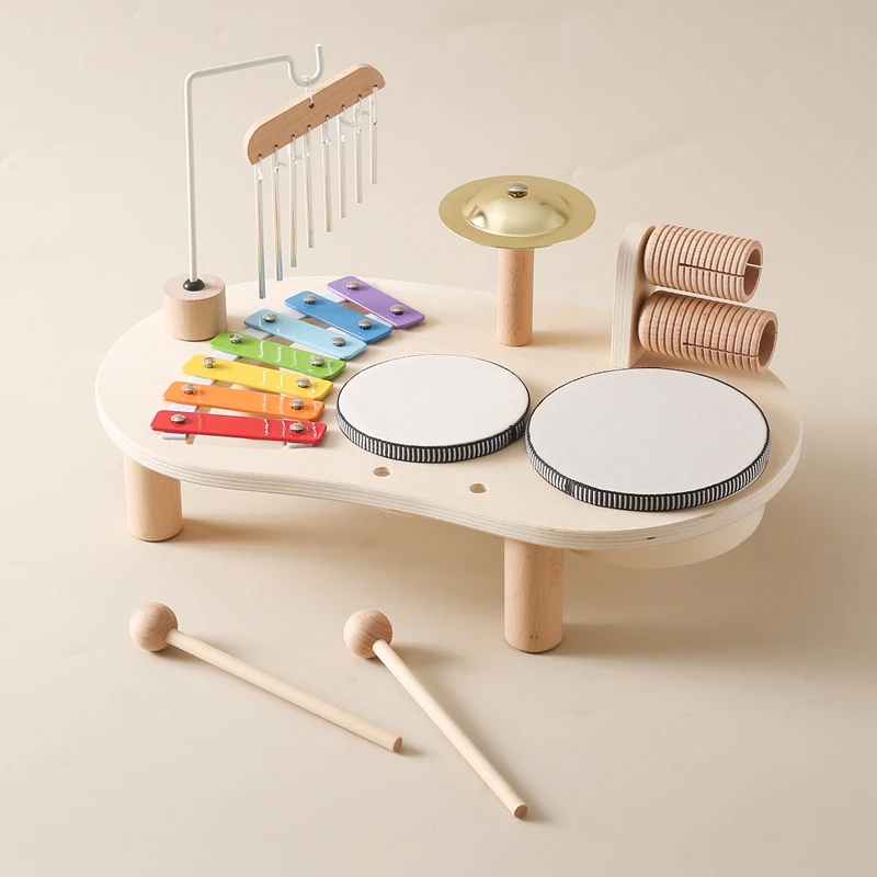 Baby Houten Muziekinstrumenten Set Wind Gong Bells Rammelaar Drum Montessori Educatief Speelgoed Voor Kinderen Houten Muziekinstrumenten