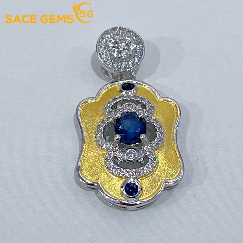 

SACE GEMS New Luxury 925 Sterling Silver Certified 4.5MM Natual Sapphire Pendant Necklace for Women Cocktail Party Fine Jewelry