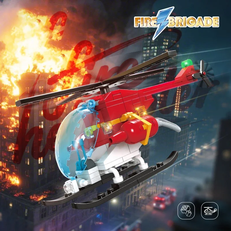 MOC Fire Brigade Helicopter & Plane Building Blocks Set - Firefighting Airplane Rescue Vehicle Bricks DIY Toy for Children Xmas