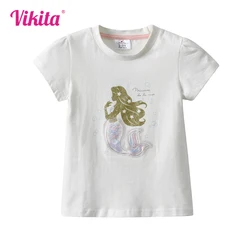 VIKITA Girls Mermaid Print Cartoon White T Shirts Kids O Neck Short Sleeve Summer Cotton Casual Tops and Tees Children Clothing