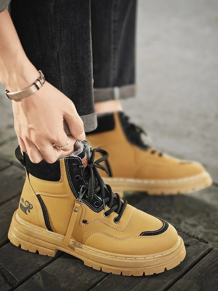 

Men's Motorcycle Work Wear Thickened Fleece Lined Cotton Boots Snow Winter Retro British Lace Up Cotton Shoes Slip Resistant