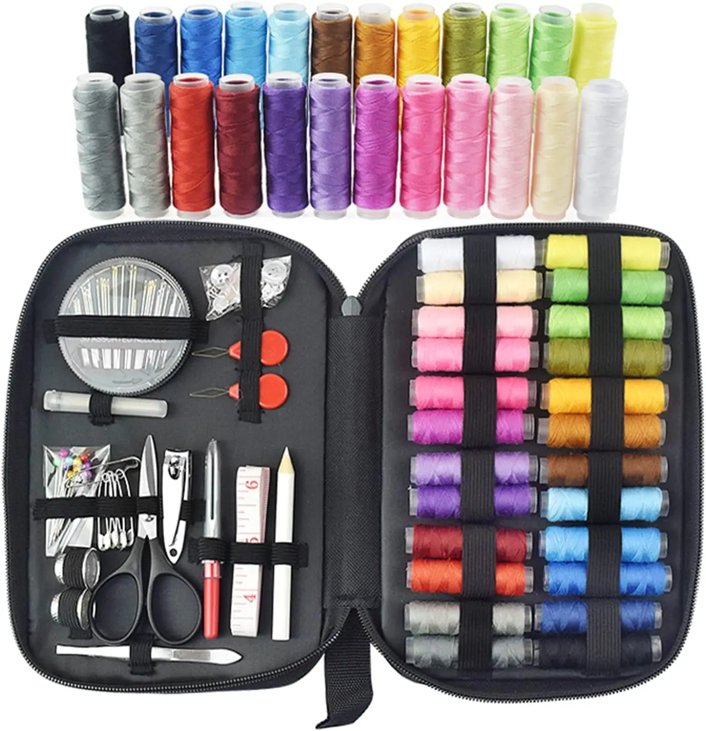 طقم خياطة جديد 90 قطعة مع حقيبة تخزين، طقم إبرة وخيط للخياطة، لوازم ماكينة الخياطة بإبر، مقص للمنزل