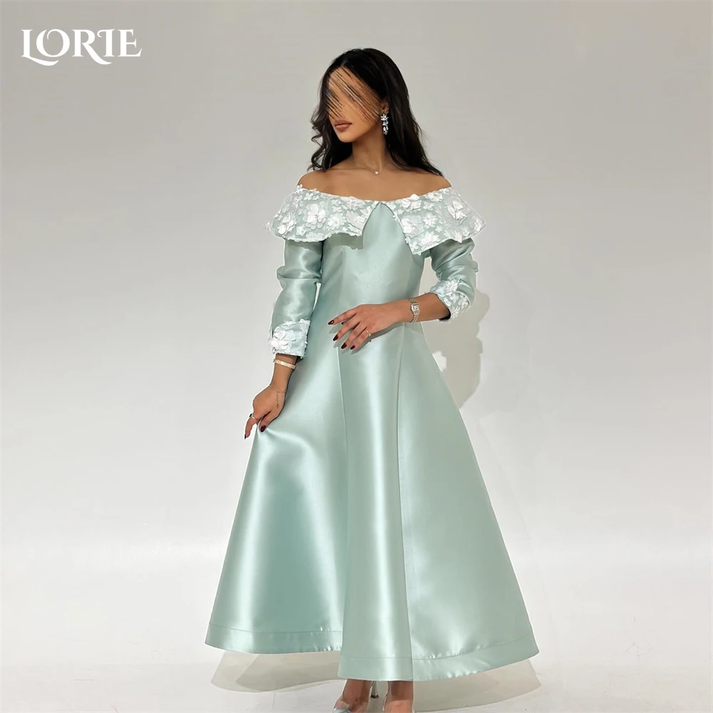 

LORIE Dubai Arabia Lace Formal Evening Dresses Off Shoulder 3D Flowers Long Sleeves A-Line Prom Dress Backless Party Gowns Solid