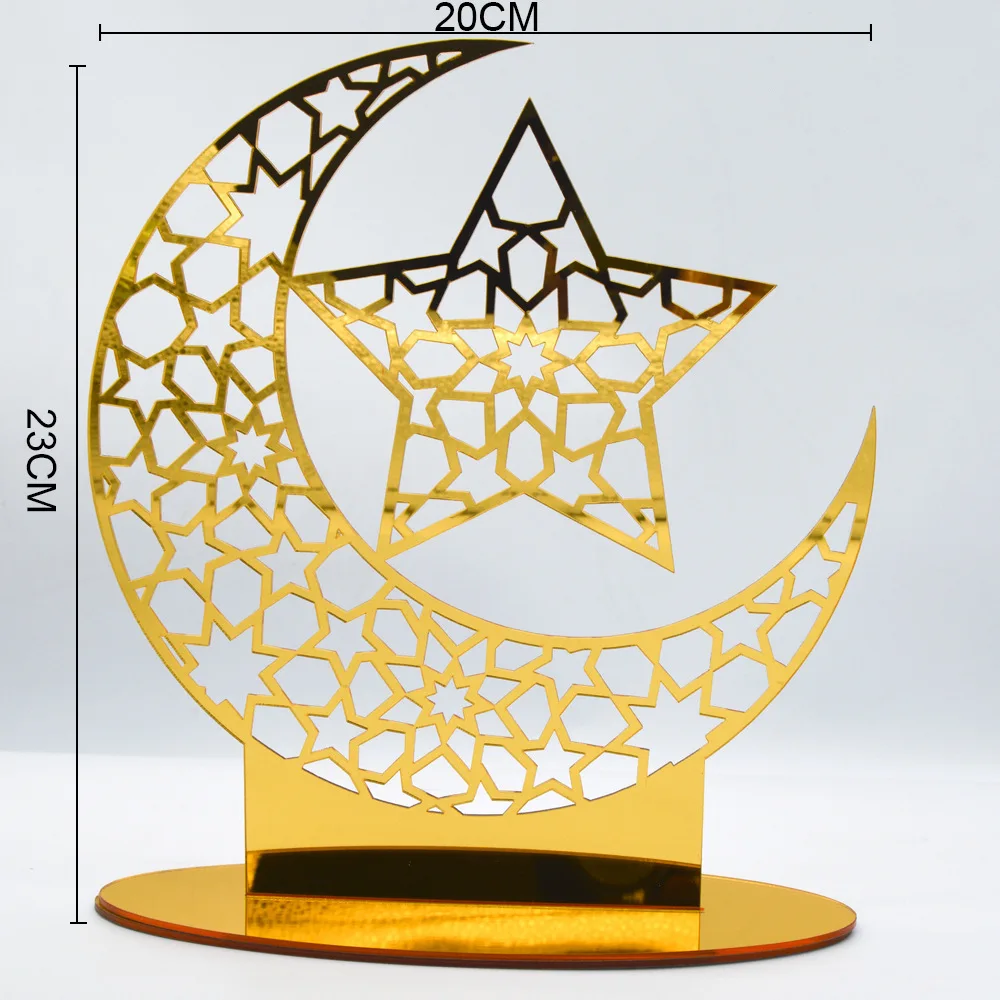 Gold Acrylic Eid Mubarak Table Ornament Hollow Out Moon Star Lantern Ramadan Decoration For Home Kareem Eid Gift Islamic Muslim