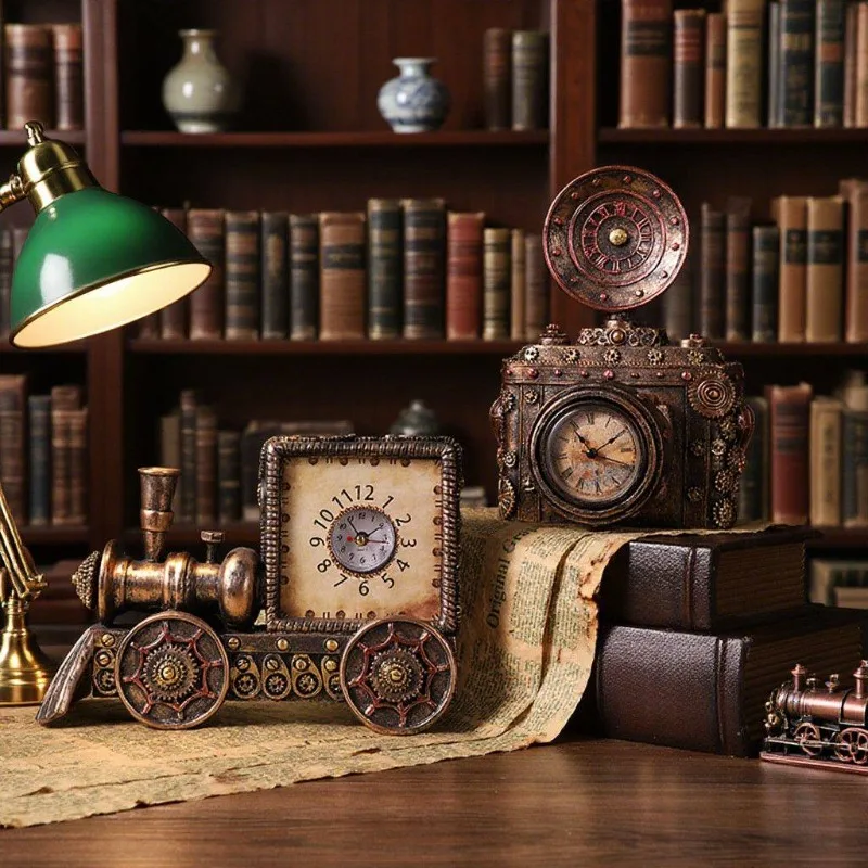 American Vintage Figurines Antique Items Study Entrance TV Stand Decor Ornaments Punk Style Clock Home Decoration Crafts FYFM