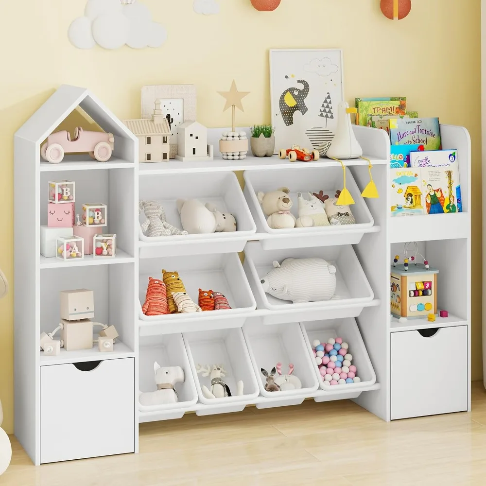 

Kids Toy Organizer with 8 Removable Bins,4-Tier Storage Organizers W/4 Storage Cubbies, Kids Bookshelf 2 Storage Box