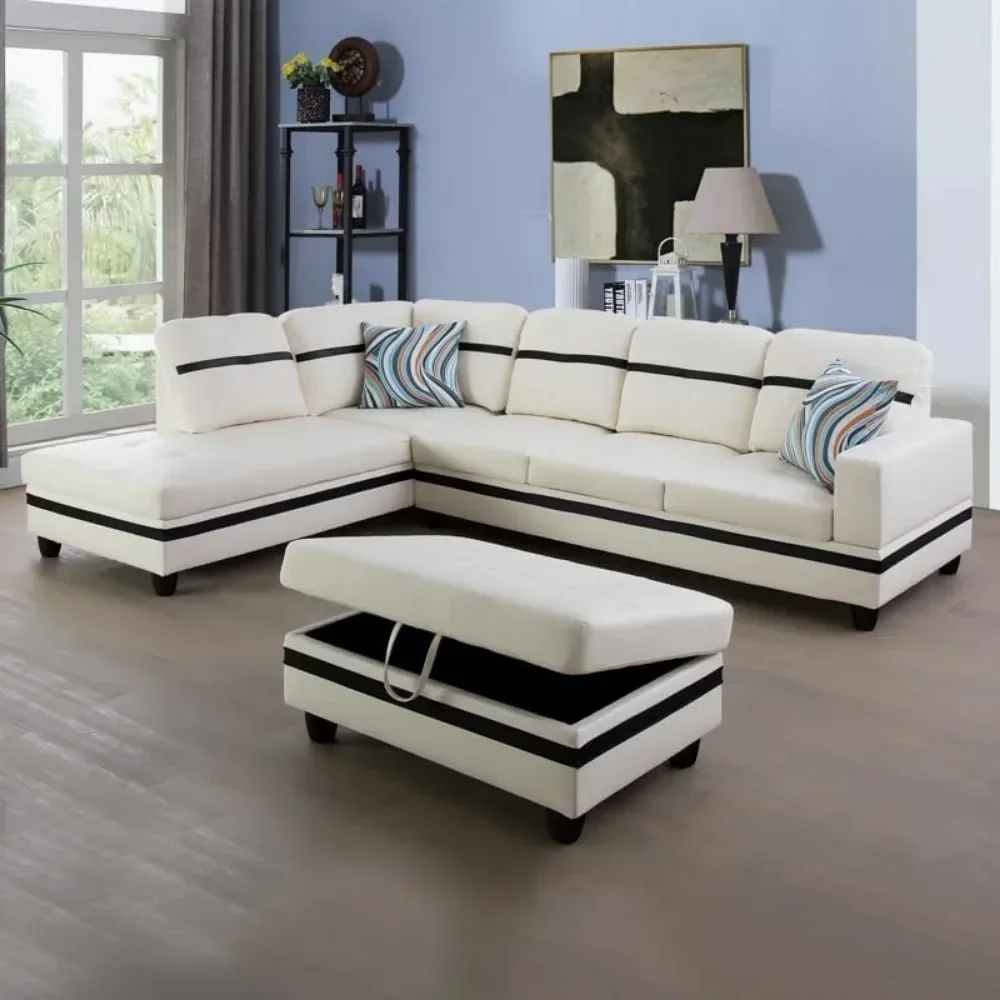 Upholstered Large Sofa, Modern L Shaped Storage Ottoman Chaise & 2 Pillows, PU Leather Sectional Couches for Living Room