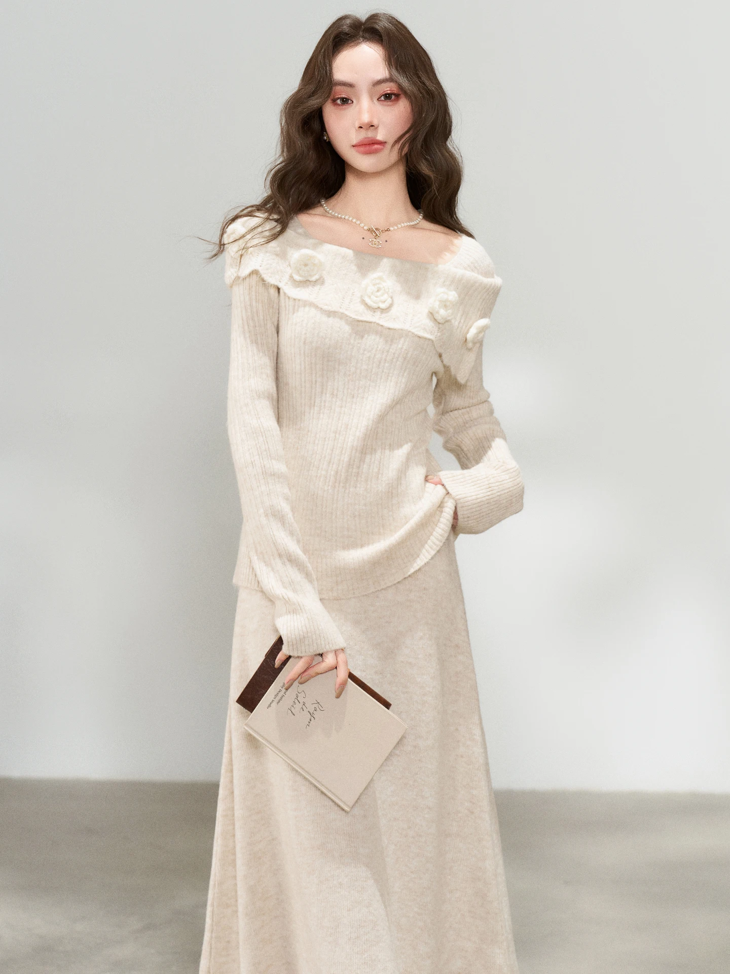 

Korean Sle Women's Knitted Sweater Skirt Set Spring Autumn 2026 New Flower Pattern Long Sve High Waist Casual Faion