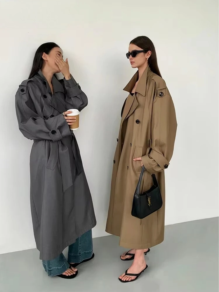 Spring Autumn Oversized Khaki Long Grey Trench Coat for Women Double Breasted Loose Casual Korean Fashion Overcoat