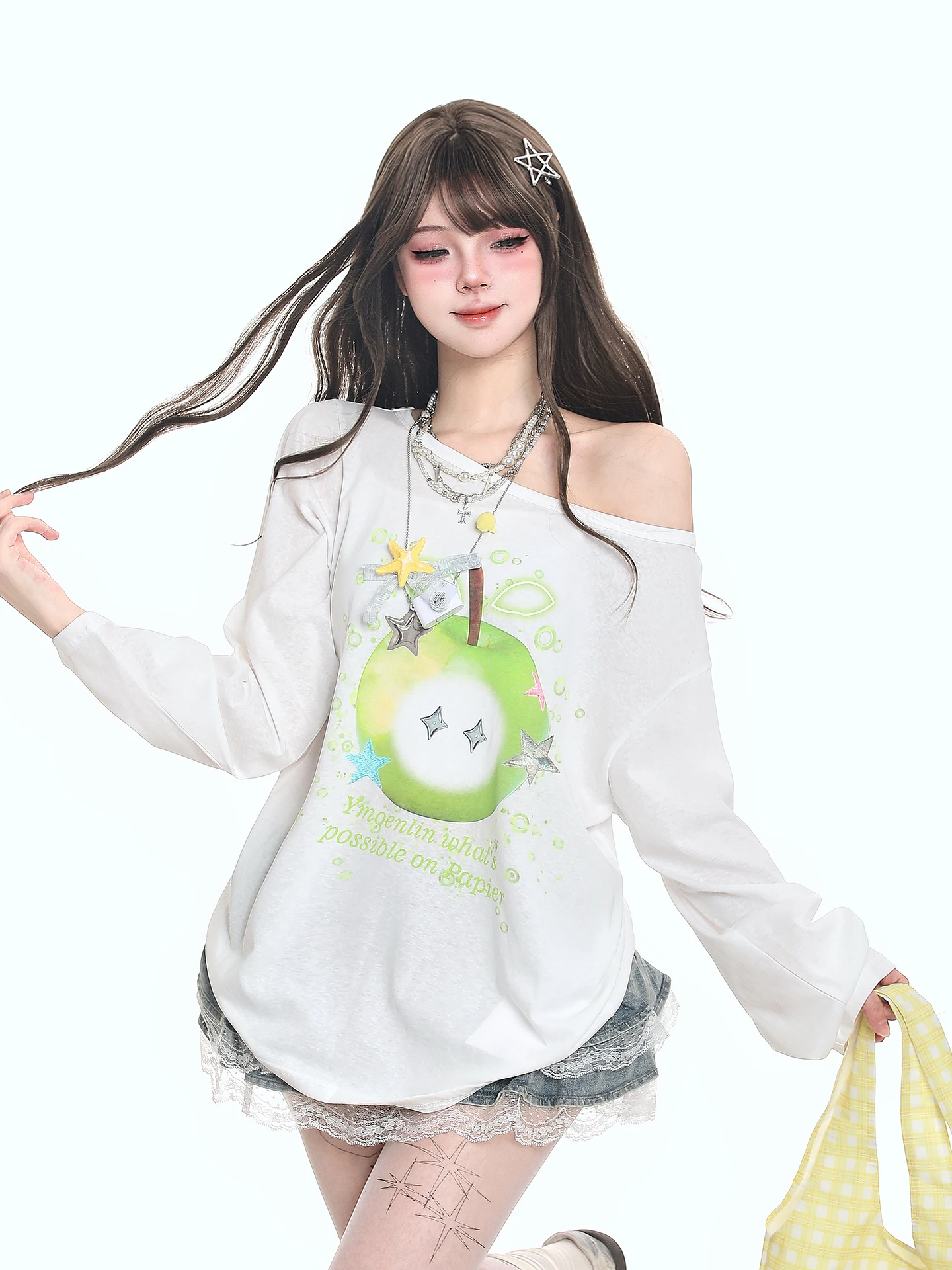 Korean Style Sweet Spicy  Print Asymmetrical Shoulder Long Sleeve Women's T-shirt Early Autumn Semi-Transparent Loose Ca...