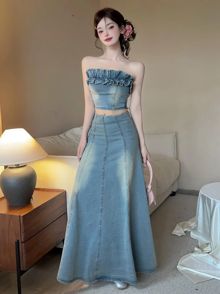 Abito da vacanza sexy retrò femminile dolce casual volant corto senza spalline gilet di jeans top camicetta gonna lunga set da 2 pezzi per le donne