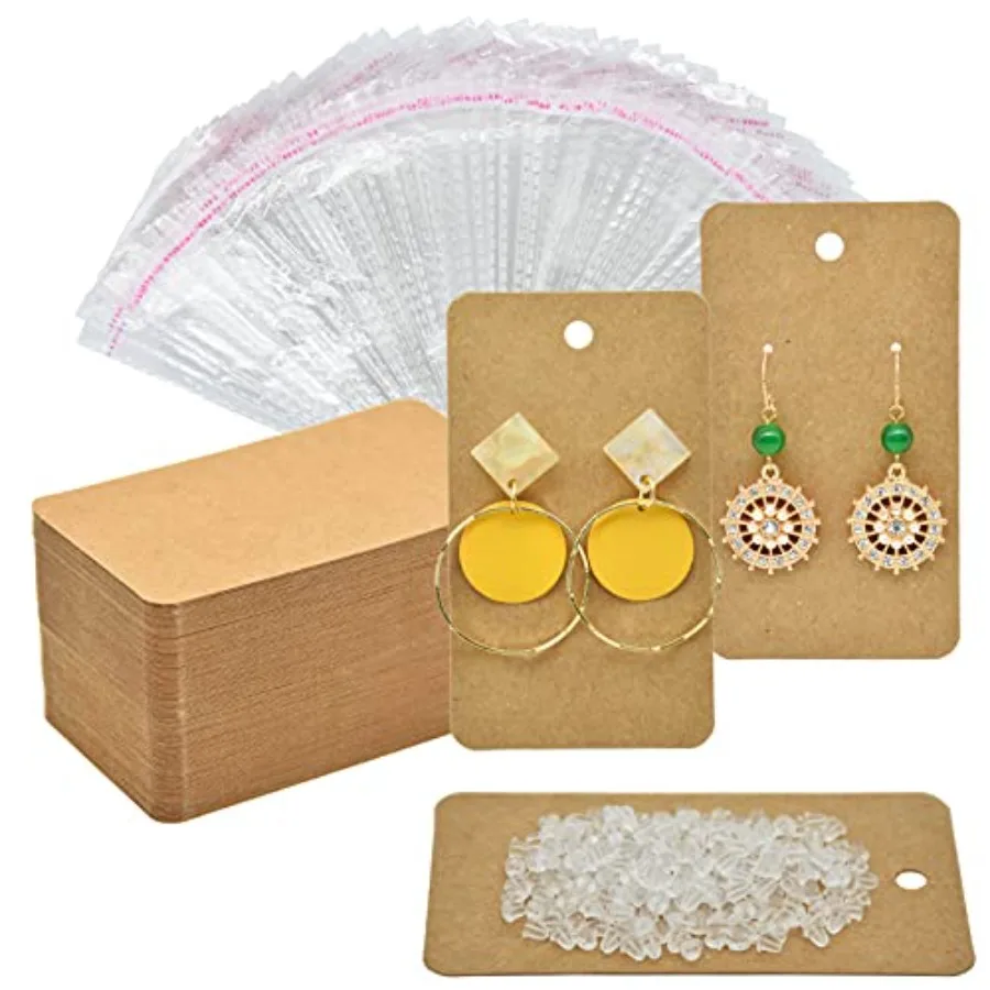

Earring Display Cards with 100Pcs Earring Holder Cards, 100 Pairs Clear Earring Backs and 100Pcs Self Adhesive Bags for Earring