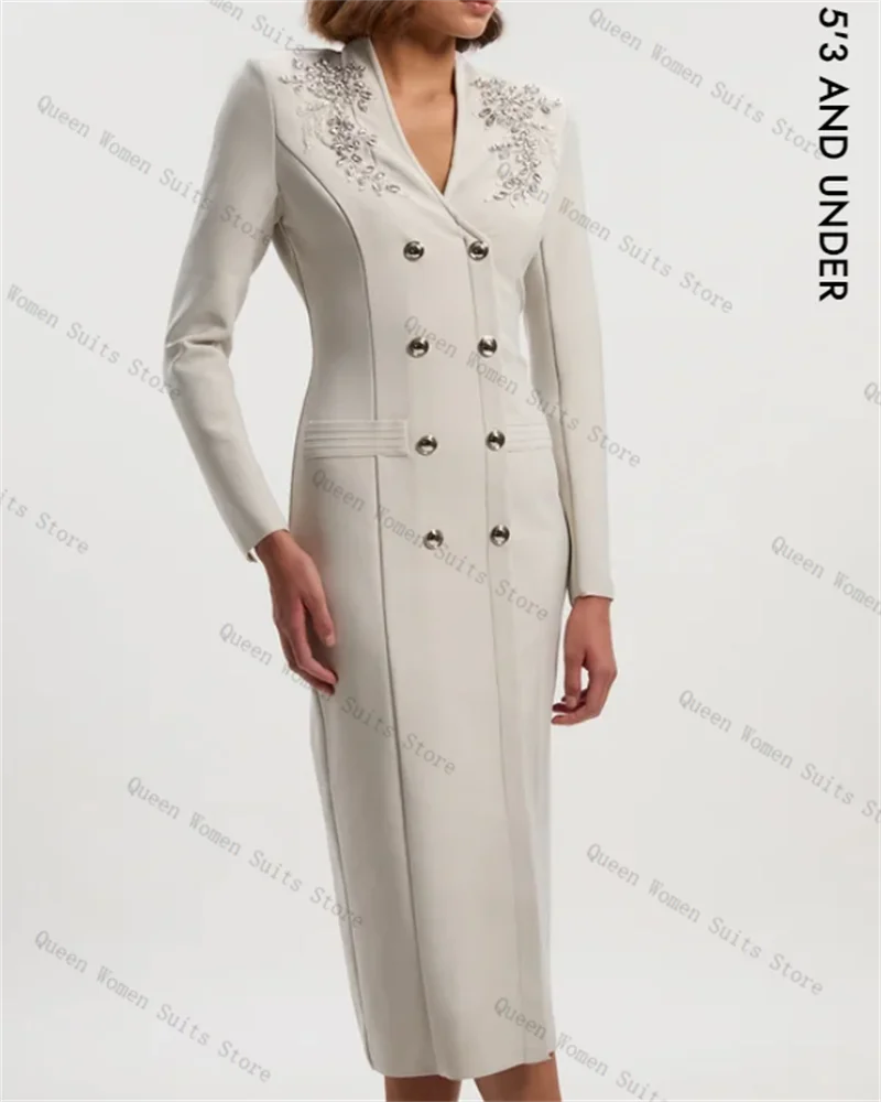 

Crystals White Women Suit 1 Piece Blazer Long Prom Dress Ankle Length Formal Office Lady Jacket Cotton Wedding Coat Customized