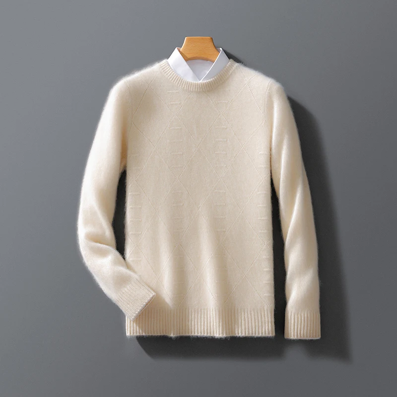 Autumn And Winter New 100% Pure Wool Men's Round Neck Loose Diamond Hollow Pullover Sweater Cashmere Knitted Bottoming shirt