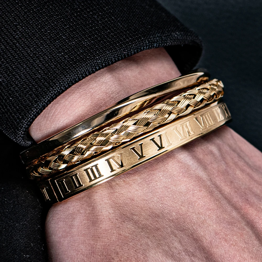 3pcs/set Luxury Roman Number 316L Simple Classic Stainless Steel Wristband Braiding Bangles Type C twisted Bangle Men jewelry