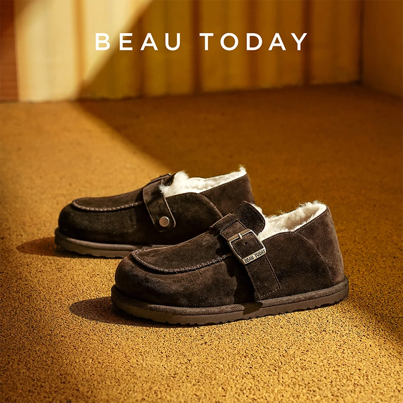 BEAUTODAY Furry Flats Women Cow Suede Leather Round Toe Buckle Decoration Warm Wool ladies Winter Shoes Handmade 22823
