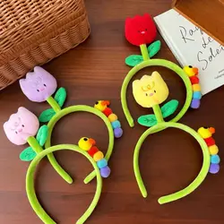 Diadema de flores de oruga de dibujos animados para niña y mujer, accesorios para el cabello, tulipán de tela Kawaii, aro de pelo de flores de felpa, tocado