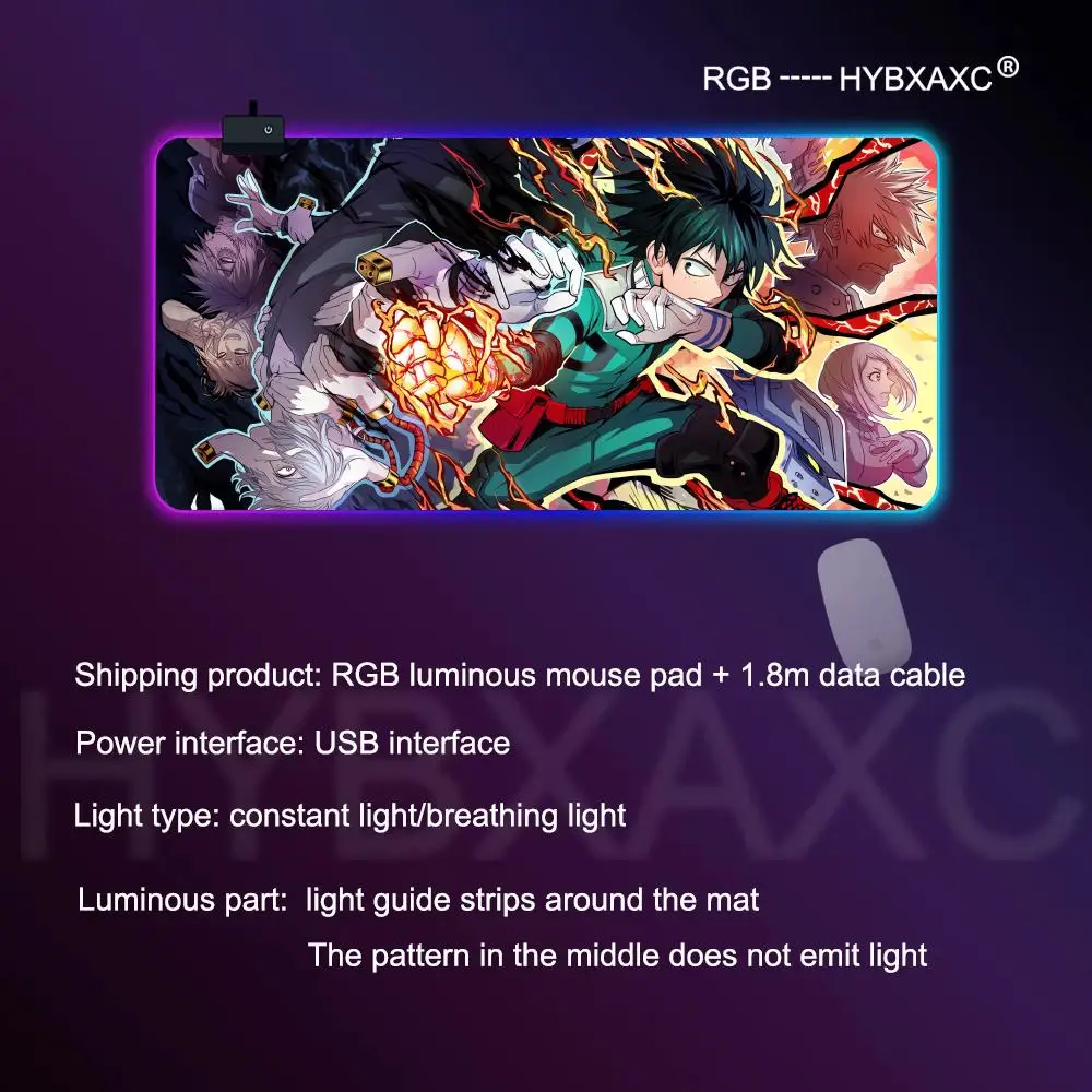Academia Deku Anime My Hero RGB Mouse Pad LED Large Gamer Mousepads Computer Keyboard Mat Luminous Desk Mat Backlit
