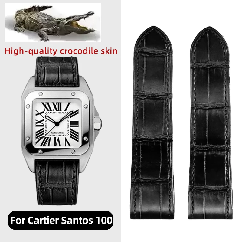 Crocodile Skin Watch Strap For CARTIER Sandoz Santos 100 Brown blue Genuine Leather 20mm 23mm watchband Men Women Soft Bracelet