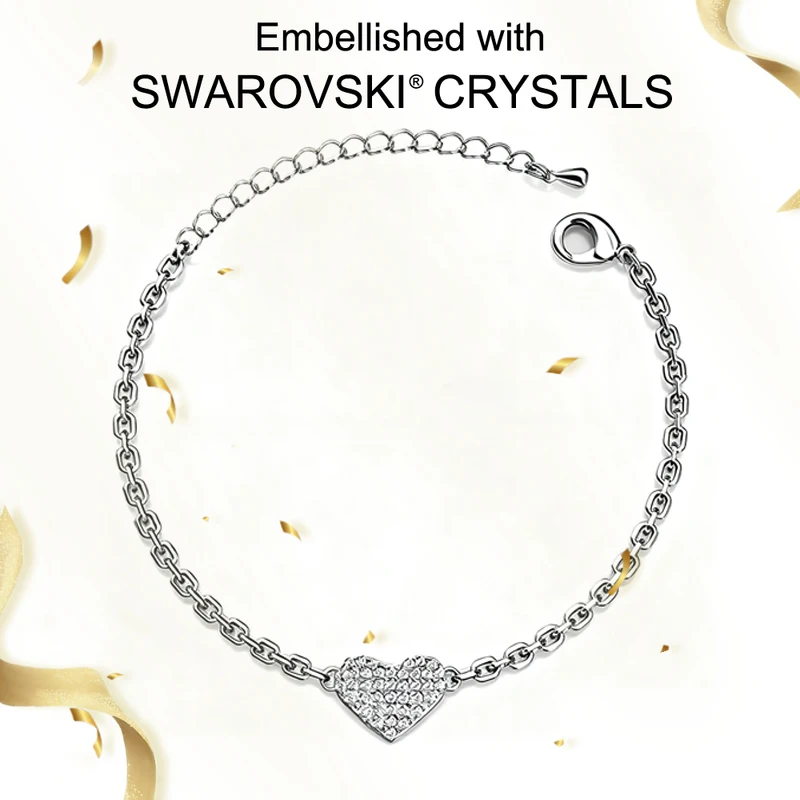 

Daisini 925 Sterling Silver Heart Charm Bracelet 18K White Gold Plated Embellished with Swarovski Crystals 2025 Hot Cakes