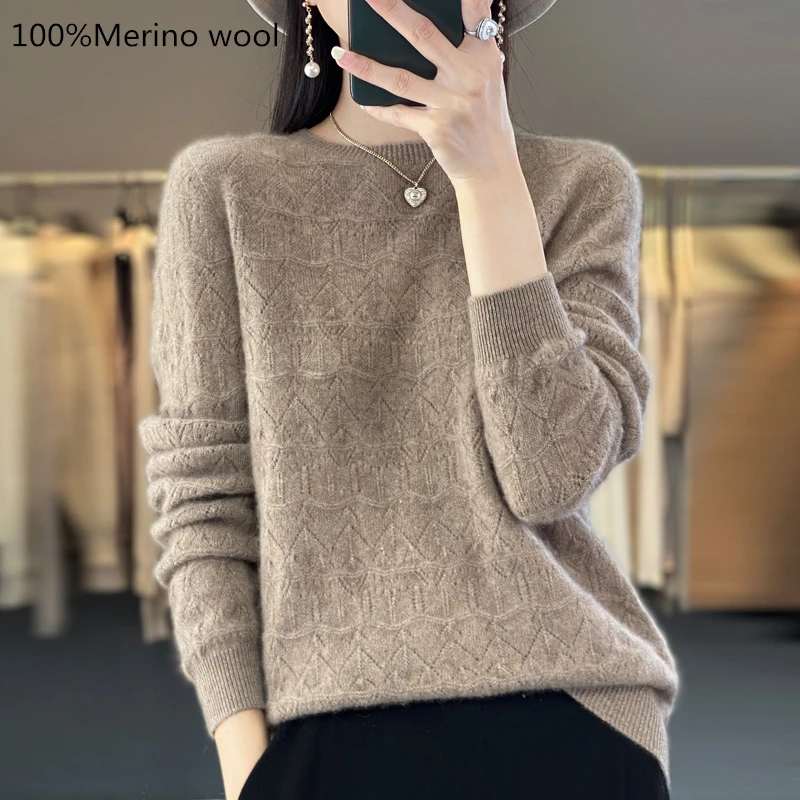 100% Merino Wool Garment Women\'s O-Neck Knitted Hollow Cashmere Sweater 23Autumn/Winter Long Sleeve Top Undercoat Korean Fashion